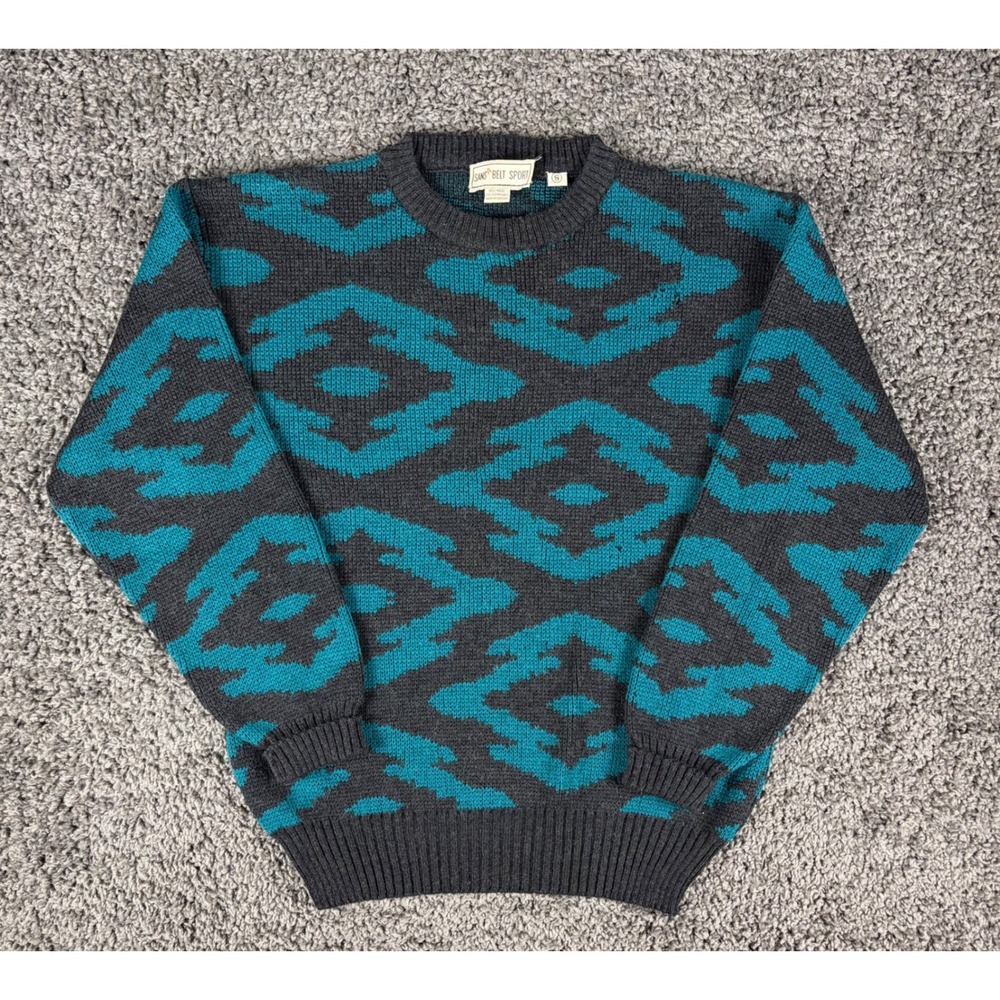 Vintage Sansabelt Sport Wool Sweater Mens Small Teal Grey Geometric Southwestern